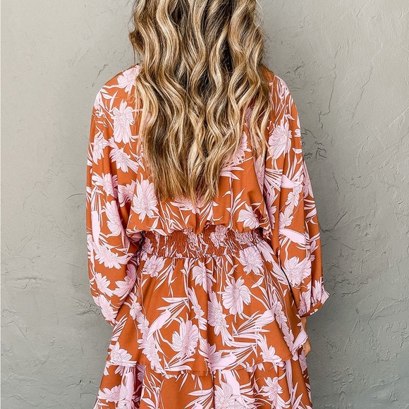 Brown Floral Puff Sleeve Smocked Waist Layered Dress Bohemian MIDI - Picture 9 of 13